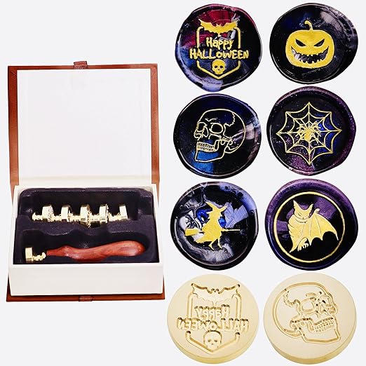 SWANGSA Halloween Wax Seal Stamp Set, Vintage 6 Pieces Sealing Wax Stamp Heads and 1 Wooden Handle for Halloween Party Invitations, Letters, Envelopes, Christmas (Halloween Set)