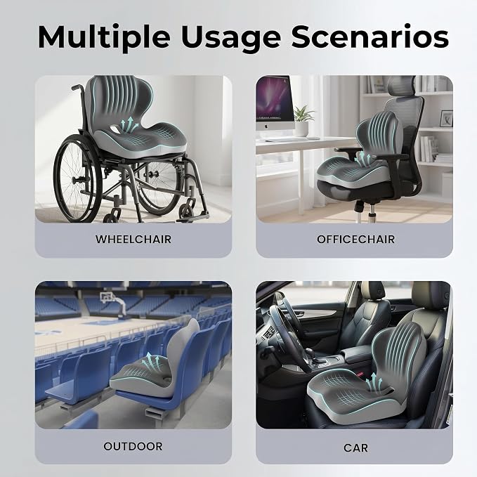 Ergonomic Seat Cushion with Lumbar Support (Grey) | Office Chair Seat Cushion, Memory Foam Orthopedic Cushion with Tailbone Hollow, Sciatica & Back Pain Relief for Long Sitting
