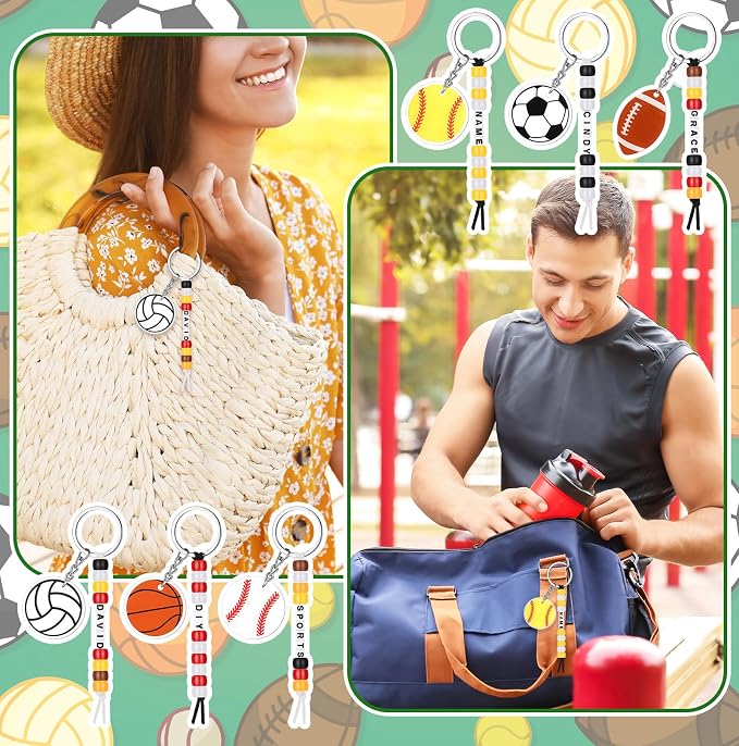 Suncalla 984 Pcs 24 Set Sport Keychain Making Kit DIY Basketball Football Soccer Volleyball Baseball Bead Keychain Crafts Adjustable Letter Beads Card Strings Kit Sport Party Favor Gift Accessories