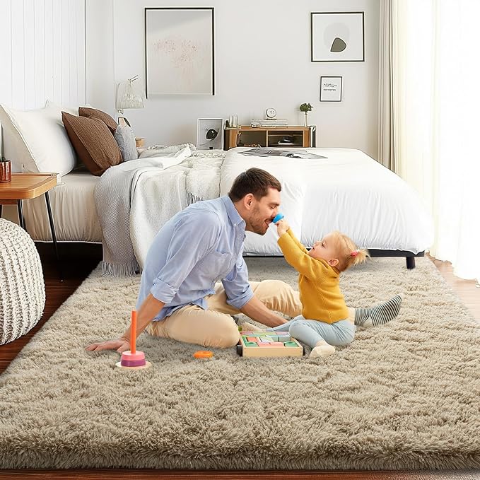 4x6 Area Rug for Bedroom, Soft Rugs for Living Room Nursery Kids Room Dorm Home Decor Aesthetic, Fluffy Shaggy Rug with 4 Anti-Slip Carpet Tapes, Light Tan