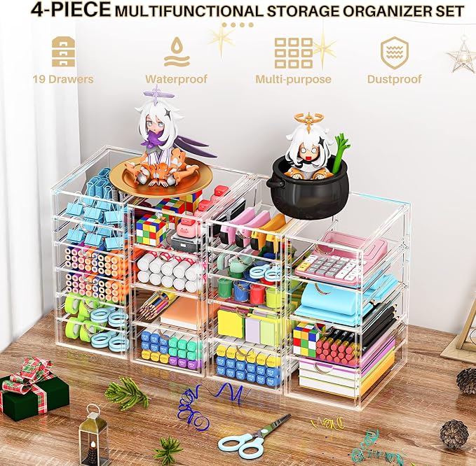YFXCVSL Acrylic Makeup Organizer with 19 Drawers, 4 Pack Clear Storage Drawers, Bathroom Makeup Organizer for Palettes, Cosmetic, and Beauty Supplies,Ideal for Vanity, Cabinet,Desk Organization