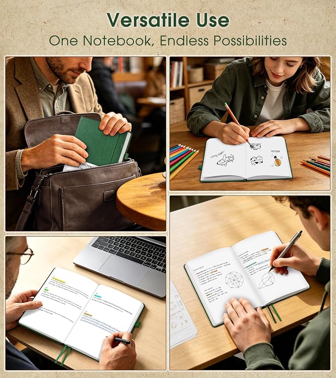 Journal Notebook, A5 Leather Hardcover Blank Sketchbook, 160 Pages, 180° Lay-Flat Binding, 100 GSM Thick Paper, for Sketching, Drawing, Art Journaling & Creative Writing (Green)