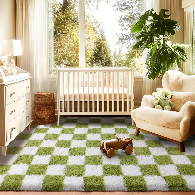 Area Rugs for Living Room 6x9, Ultra Fluffy Checkered Rug Fuzzy Shag Shaggy Carpets for Bedroom, Modern Non-Slip Indoor Soft Plush Furry Rug for Boy Girls Room Dorm Home Decor, Cream and Green