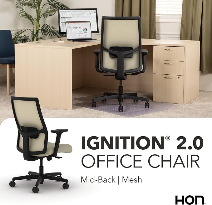 HON Ignition 2.0 Mid Back Task Chair, Spectrum Mesh, Standard Synchro-Tilt Control, Office Chair with Lumbar Support, Height and Width Adjustable Arms, Black Frame, Linen