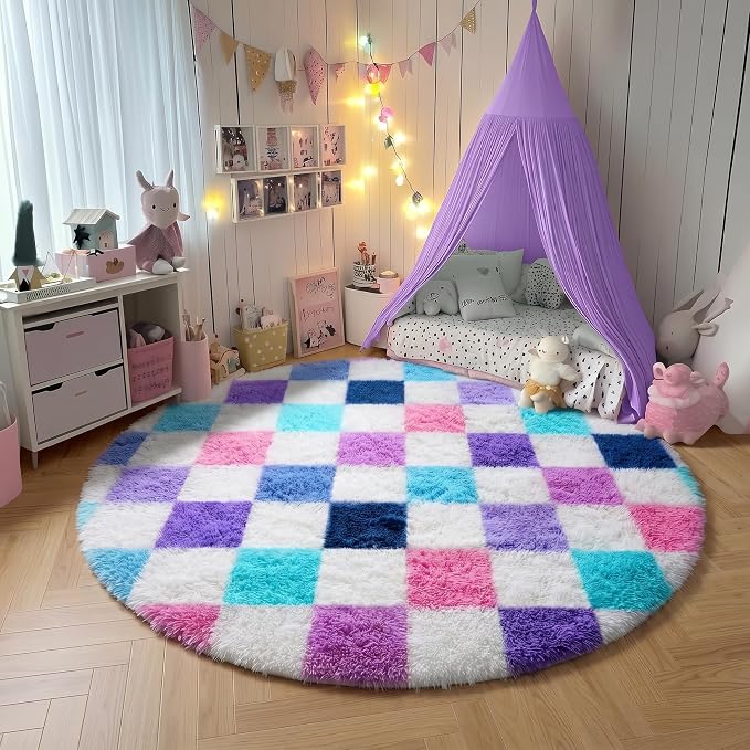 KICMOR Purple Rainbow Round Rugs 5ft for Bedroom Living Room, Cute Fluffy Soft Circle Area Rug Fuzzy Shag Shaggy Carpet, Circular Checkered Rug for Teen Kids Girls Boys Nursery Home Decor Aesthetic
