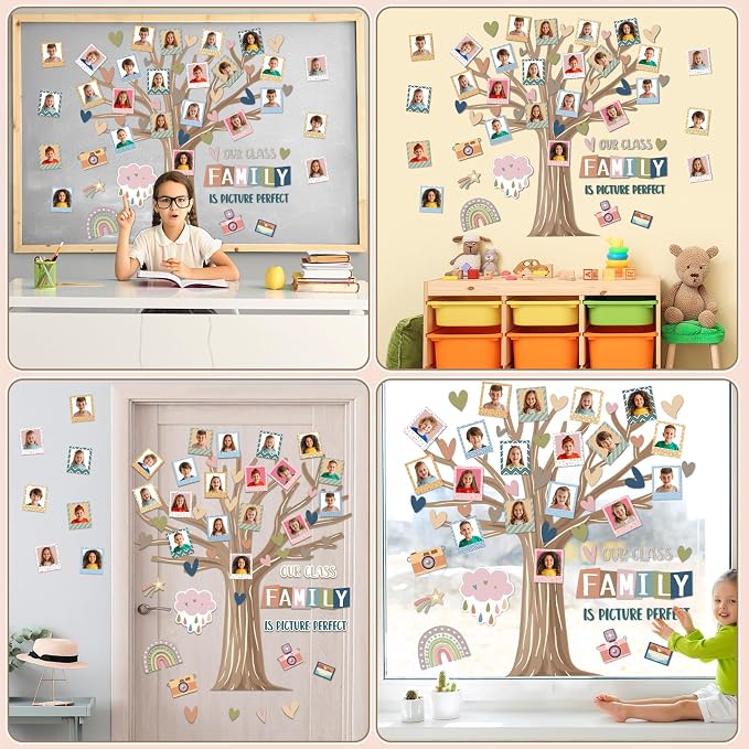 Back to School Bulletin Board Our Class Family is Picture Perfect Bulletin Board Set Colorful Picture Frame Classroom Decoration Boho Tree DIY Photo Crafts Cutouts for Schools Offices Teacher Supplies