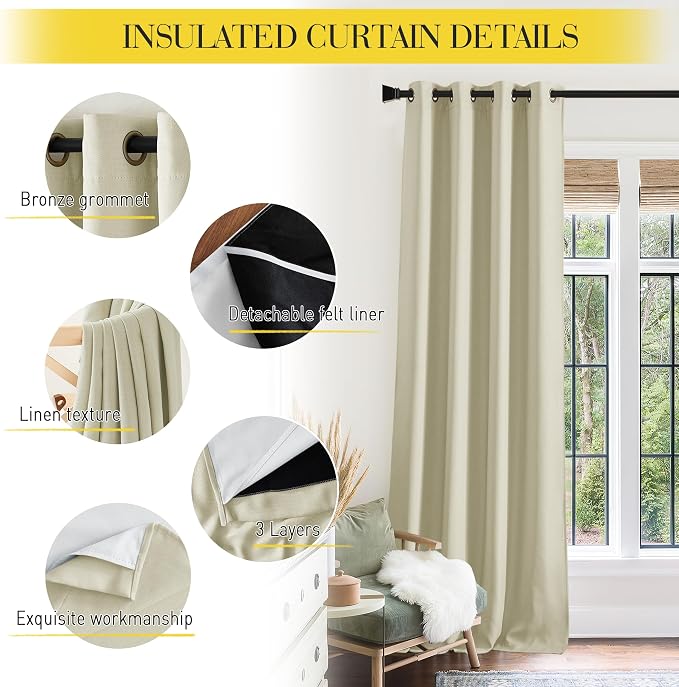 NICETOWN Full Shading Beige Faux Linen Curtains for Windows, Super Heavy-Duty Noise Absorb Lined Blackout Panels for Bedroom, Privacy Assured Window Treatment for Hotel (Pack of 2, 52" W x 95" L)