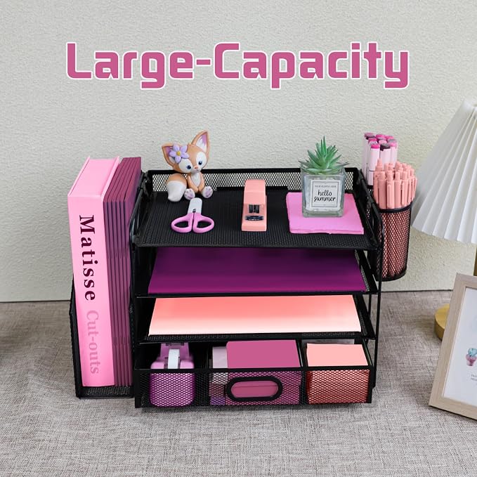Desk Organizers and Accessories with File Holder, 4-Tier Paper Letter Tray Organiser with Drawer and 2 Pen Holder, Mesh Desktop Document Organizer for Office Supplies, Workspace - Black
