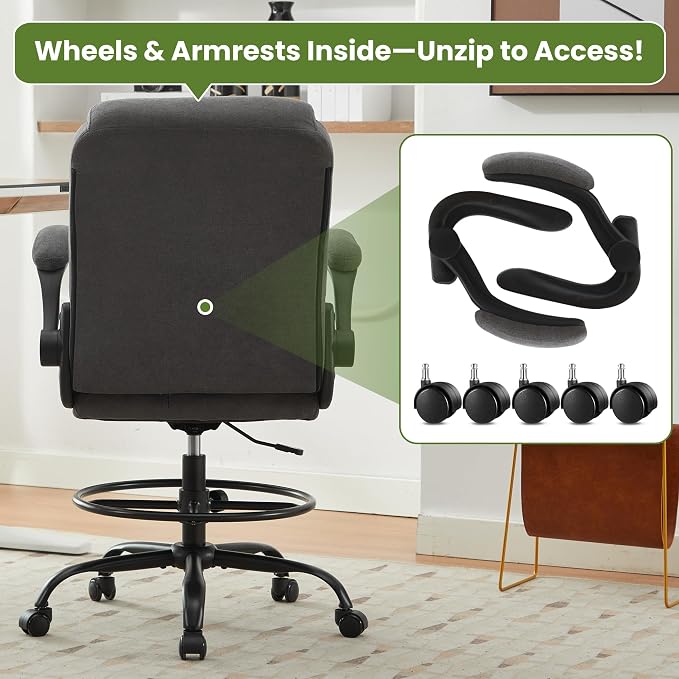 Drafting Chair Tall Office Chair for Standing Desk, Ergonomic Tall Desk Chair with Adjustable Foot Ring, Flip-Up Armrests, Lumbar Support, Swivel Rolling Task Chair for Home Office