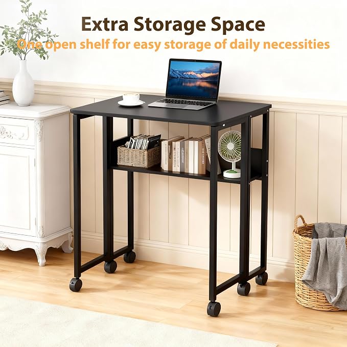 Folding Desk Small Rolling Desk with Storage Shelf,31.5 Inch Foldable Computer Table with Wheels,Portable Office Desk for Small Space Sofa Table,Easy to Fold,Writing Work Office Computer Desk,Black