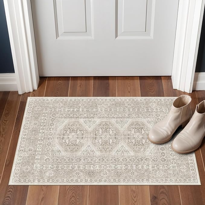 Washable Area Rug Non Slip - 2x3 Small Kitchen Boho Rug Vintage Entryway Low Pile Carpet for Doormat Beige (Beige, 2x3)