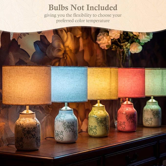 Tellingyou 1 Pcs 21" Farmhouse Green Ceramic Lamp with Beige Linen Shade Vintage Table Lamp Ice Cracked Chrysanthemum Floral for Bedroom Living Room Office Dorm Desk Table Rocker, Bulbs Not Included