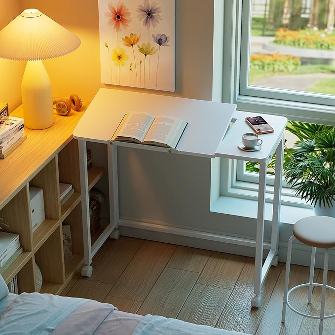 GreenForest Folding Desk with Adjustable Tiltable Desktop 0-90°, 31.5 inch Small Drafting Table with Wheels, Foldable Craft Table for Drawing, Reading, Writing, Laptop, Work, White