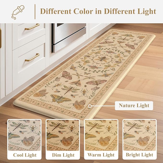 KIMODE Kitchen Mats for Floor 2 Piece Anti Fatigue Cushioned Kitchen Rugs | 17 x29+17"x47", Beige,Vintage Butterfly,Non Slip Waterproof,Memory Foam,Standing Mats,for Laundry Sink Office Home Decor