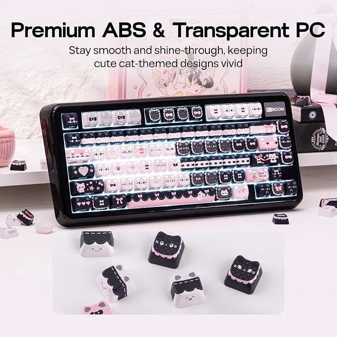 KiiBOOM Cute Cat Keycaps Set, Mao Profile, PC+ABS Keycap for MX Switches Mechanical Keyboard, Compatible with 60%, 65%, 75%, TKL, 96%, Full-Sized Layout (Meow Bow)