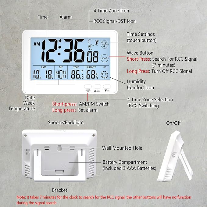 Small Desk Atomic Alarm Clock for Bedroom, Self-Calibrating Time and Date Clock with 4 Time Zone, DST, Temperature, Humidity, Alarm and Snooze for Children's Bedroom, School