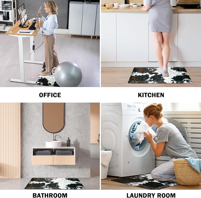 Tyrot Cowhide Kitchen Mat Cushioned Anti Fatigue - 1/2 Inch Thick Western Cow Kitchen Mats for Floor, Non Slip PVC Waterproof Standing Desk Ergonomic Comfort Rugs for Sink, Office, Laundry, 17.3x47