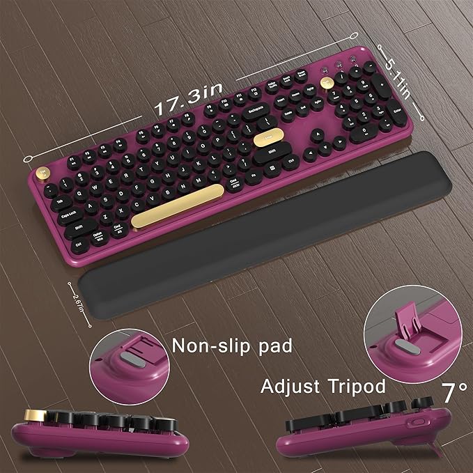 MPTOG Colorful Wireless Computer Keyboard and Mouse Combo with Round Typewriter Keycaps, Retro Design, Power Switch, Ergonomic Design, 2.4GHz Wireless for Windows, Mac, PC(Black-Claret)