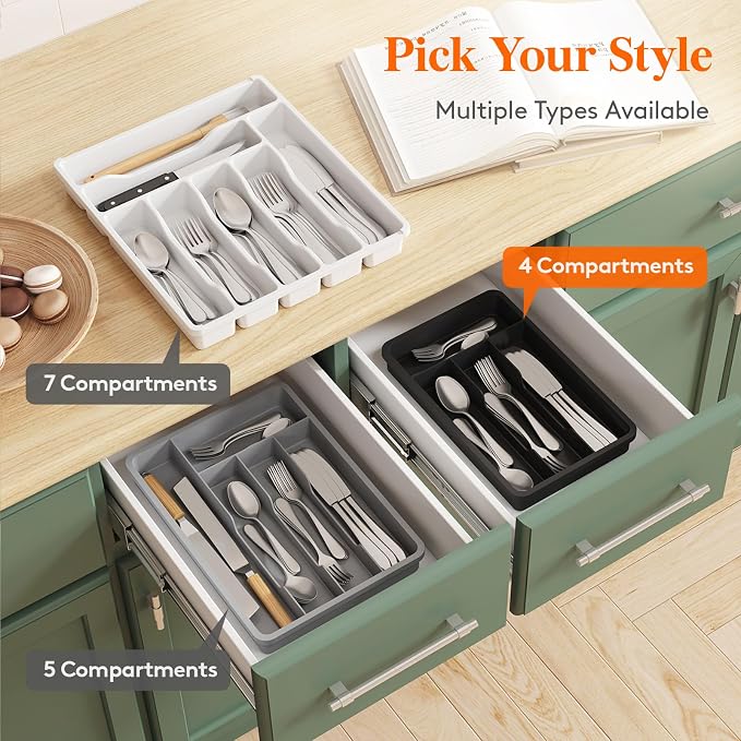 Lifewit Silverware Drawer Organizer Tray, Plastic Cutlery Storage for Kitchen, Flatware and Utensil Holder Divider for Spoons Forks Knives Tableware, 7.8 x 12.4", 4 Slots, Gray