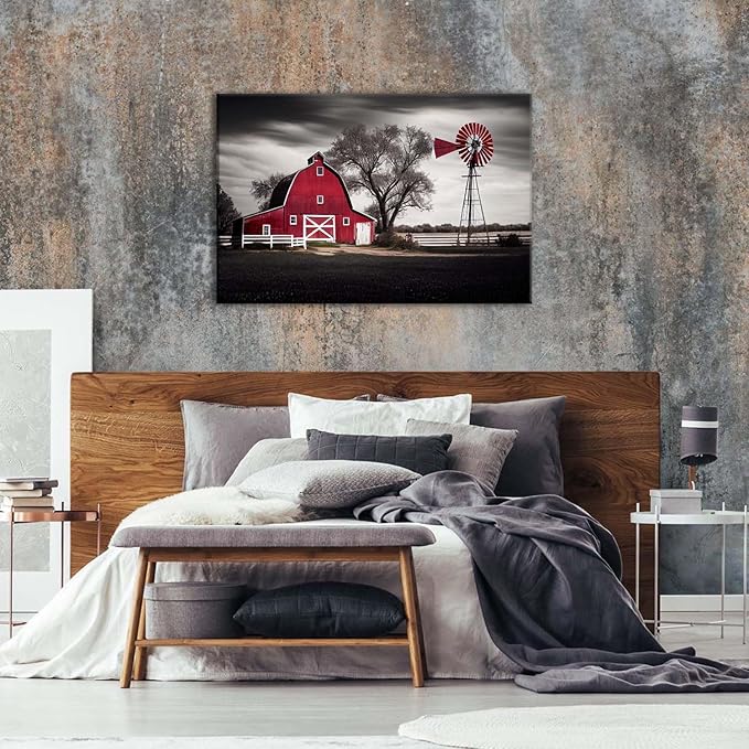 Country Barn Picture Wall Decor Rural Red Windmills Canvas Wall Art for Living Room Kitchen Retro Farmhouse Black and White Landscape Painting Rustic Western Posters Cabin Home Decorations 32x48"