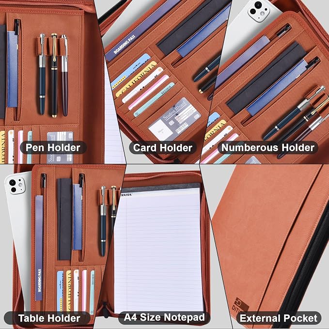 Premium Vegan Leather Padfolio 8.5"x11" Zipper Business Organizer for Legal Pads Brown | PU leather portfolio with storage pockets, fits iPads/legal pads/A4 paper, durable for office, ideal business gift