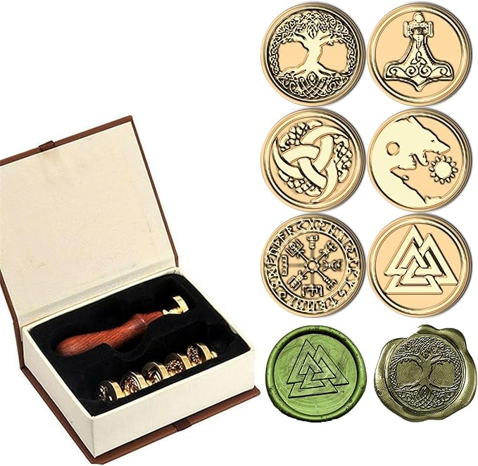 6PCS Viking Rune Wax Seal Stamp, Viking Rune Sealing Wax Stamp, Vegvisir Valknut Tree of Life Seal Wedding Invitation Birthday Party Seal Gifts (6pcs Set)