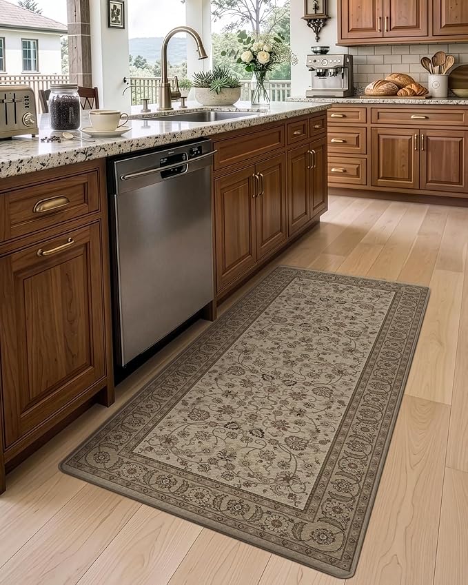 DEXI Kitchen Mats for Floor Cushioned Anti Fatigue, 23x59 Extra Large Wide Runner Rug Non Slip, Waterproof Soft Comfort Standing Rubber Padded, Brown Floral