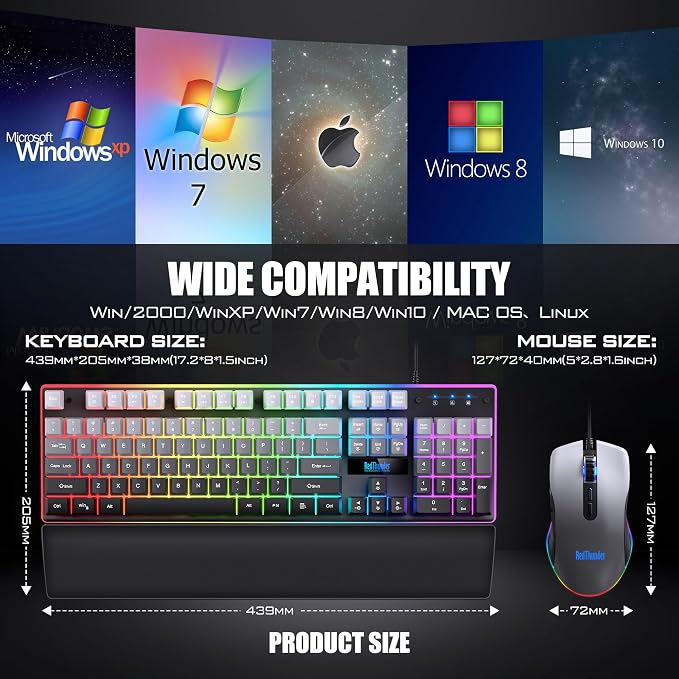 RedThunder K10 Wired Gaming Keyboard, Mouse Wrist Rest Combo, RGB Backlit, Mechanical Feel Anti-ghosting Keyboard + 7D 7200 DPI Mice+Soft Leather Wrist Rest 3 in 1 PC Gamer Accessories(Gradient Gray)