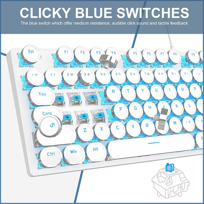 Camiysn Typewriter Style Mechanical Gaming Keyboard, White Retro Punk Gaming Keyboard with Blue Backlit, 104 Keys Blue Switch Wired Cute Keyboards, Round Keycaps for Windows/Mac/PC