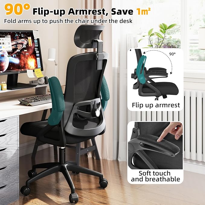 Ergonomic Office Chair Desk Chair with Adjustable Lumbar Support | Mesh Computer Chair Home Office Desk Chair with Flip-up Armrests Executive Task Chair Comfy Mesh Gaming Chair (Black-Black)