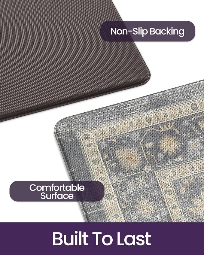 DEXI Kitchen Floor Mats Anti Fatigue, 23x59 Large Long Cushioned Vintage Runner Rug Waterproof, Standing Comfort Memory Foam Padded for Front Sink Laundry Office, Pale Grey