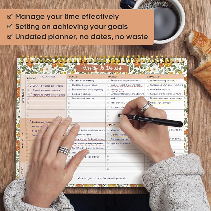 Taja Weekly To Do List Notepad with 52 Undated Sheets(8.5"×11")- Weekly Desk Planner for Women & Man, Work and Home - 1 Pack Sunshine Field