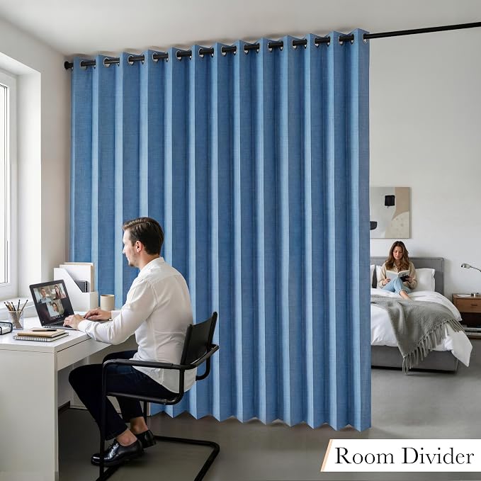 RYB HOME Accordion Style Room Divider Curtain-100% Blackout Folding Accordion Curtain for Sliding Glass Door/Bedroom, Privacy Assurd Living Room/Office Drape 1 Panel with Tieback, W100 x L96, Blue