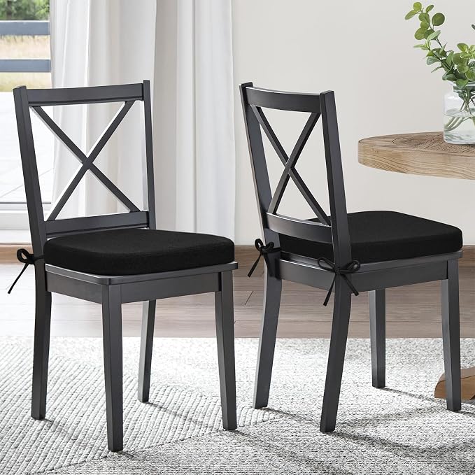 Shinnwa Dining Chair Pads Set of 6, Patented Design Memory Foam Kitchen Chair Cushions with Ties and Washable Cover, 6 Pack, 17" x 16" x 2", Black