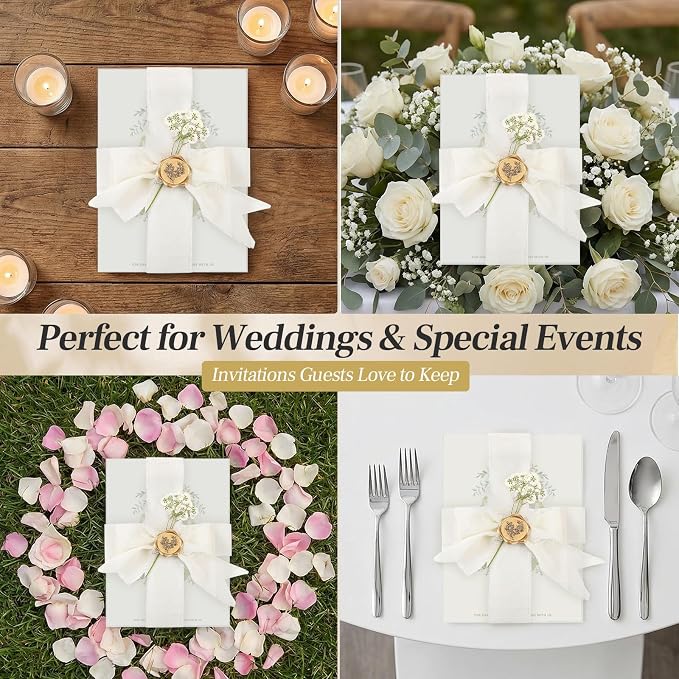 Wedding Invitation Accessories Kit, Pre-Folded Vellum Jackets for 5×7 Invitations with Wax Seal Stickers, Ribbon & Dried Flowers, Elegant Wedding Invitation Accessories for DIY Bridal Invites (Off-White, 50)