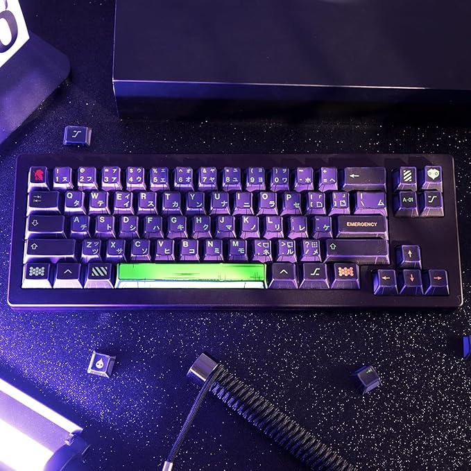 Manga Themed Japanese Keycaps, Retro PBT Keyboard Key Caps Dye Sublimation KeyCap with Cherry Profile, 130 Keys Purple Custom Keycap Sets for Cherry MX Mechanical Keyboard