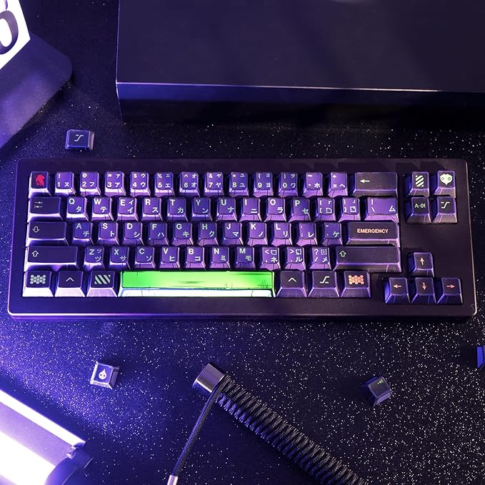 Manga Themed Japanese Keycaps, Retro PBT Keyboard Key Caps Dye Sublimation KeyCap with Cherry Profile, 130 Keys Purple Custom Keycap Sets for Cherry MX Mechanical Keyboard