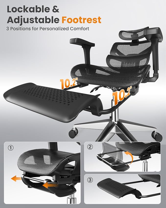 naspaluro Ergonomic Office Chair High Back for Home, Work and Gaming Black | Mesh Desk Chair with Adjustable Lumbar Support, 3D Headrest and Armrests, Footrest, Swivel Computer Chair 350lbs Capacity