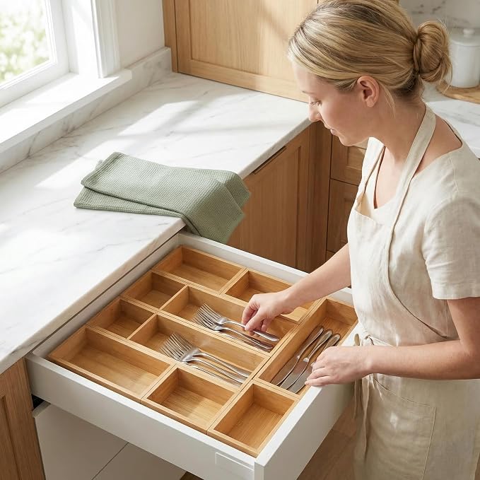 Bamboo Drawer Organizer,Fits Kitchens,Bathrooms,Desk,Utensil,Makeup,Removable Dividers (Natural, M)