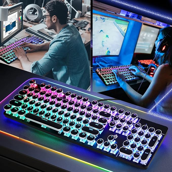 Typewriter Style Mechanical Gaming Keyboard RGB Backlit Wired with Blue Switch Retro Round Keycap 104 Keys Keyboard Compatible with Laptops/Chromebook/Desktop (Black 104 Keys RGB)