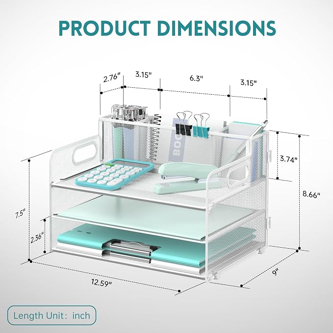 3-Tier Desk Organizer with Pen Holder and Handles, Paper Organizer, White | Desk Organizer and Paper Organizer for Desk with Pen Holder, Paper Trays and Handles for Files, Mail and Office Supplies