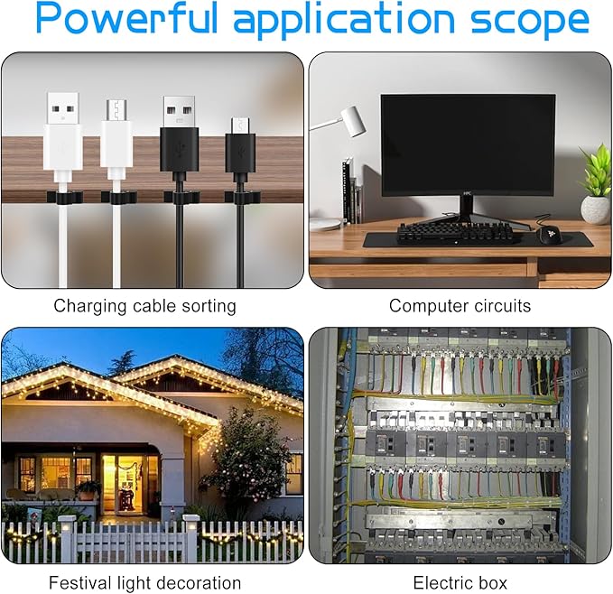 XHF 100pcs Adhesive Cable Wire Clips Black, Outdoor Cable Management Wire Organizer Cord Holder for Under Desk, Car, Wall, TV PC Ethernet Cable