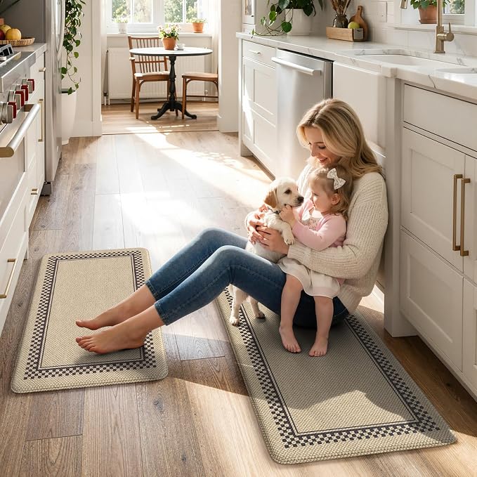 KIMODE Kitchen Mats Cushioned Anti Fatigue, Jute Geometric Kitchen Rugs Set | Padded Kitchen Floor Mats Non Slip, Spring Standing Mats for Kitchen Decor Bathroom Sink Laundry Office Desk 17"x47"+17"x29"