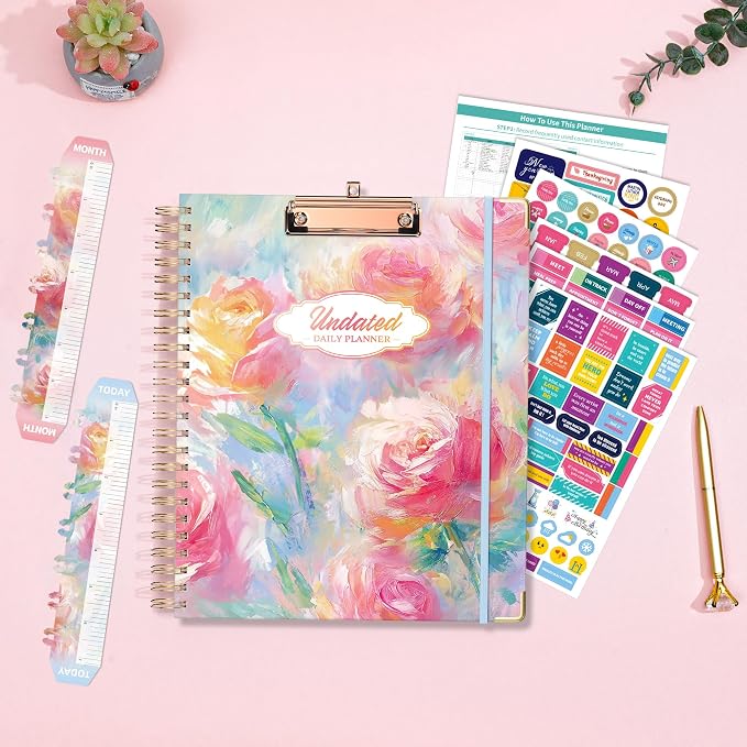 Ospelelf Undated Spiral Bound Planner Daily, Weekly and Monthly Planner, Pink Teacher Student Planner 12 Month 8.5 x 11
