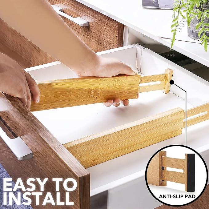 SpaceAid 4“ High Bamboo Deep Drawer Dividers with Labels, Kitchen Adjustable Drawer Organizers, Expandable Organization for Home, Office, Dressers and Bathroom, 2 Dividers (17-22 in)