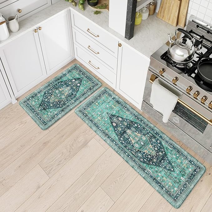 Collive Boho Kitchen Mats for Floor 2 Piece, Cushioned Anti Fatigue Kitchen Floor Mat Non-Skid Waterproof Under Sink Rug, Teal/Multi Comfort Standing Desk Rugs for Office, 17"x29"+17"x47"