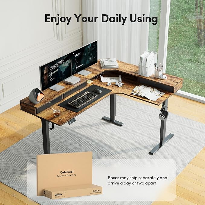 CubiCubi L Shaped Standing Desk with Drawers 63 x 48 Inch Adjustable Height, Electric Corner Desk with Storage, Sit Stand Home Office Desk with Splice Board, Rustic Brown