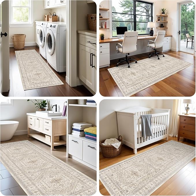 3x12 Runner Rug for Hallway Washable: Non Slip Kitchen Rugs with Rubber Backing Soft Waterproof Mats Stain Resistant Indoor Vintage Carpet Runner for Bedroom Bathroom Laundry Entryway Beige/Gray