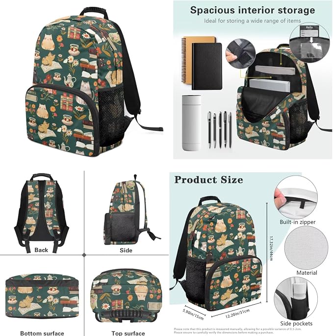 Ystardream Funny Cat Book Backpack for Teen Girls Backpack with Matching Lunch Bag & Pencil Case for Kids Teens Children Elementary Middle School Student,Waterproof Bookbags School Bag Set