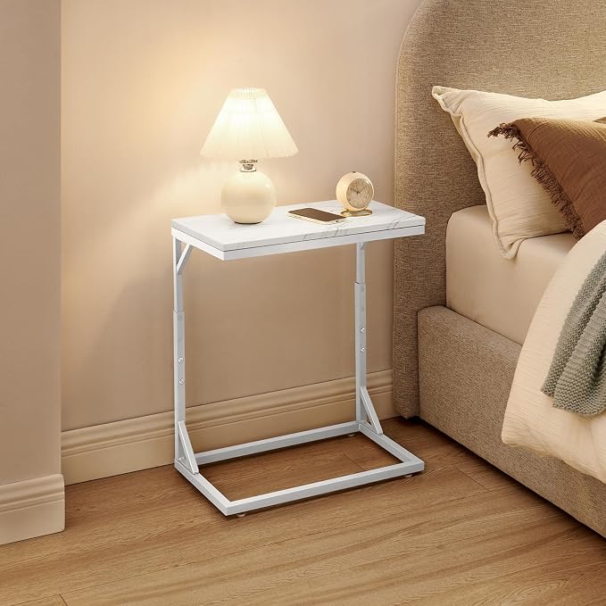 C-Shaped End Table, Small Sofa Table with Metal Frame, Adjustable Height Side Table for Couch, Living Room, Bedroom, Bedside (Silver, Medium)